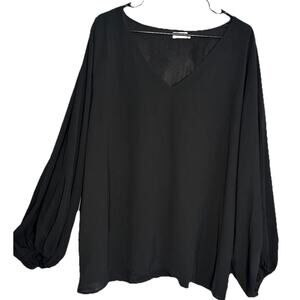 Qearal Women's Black V Neck Blouse Balloon Sleeve Flowy Top Classic Romantic XL